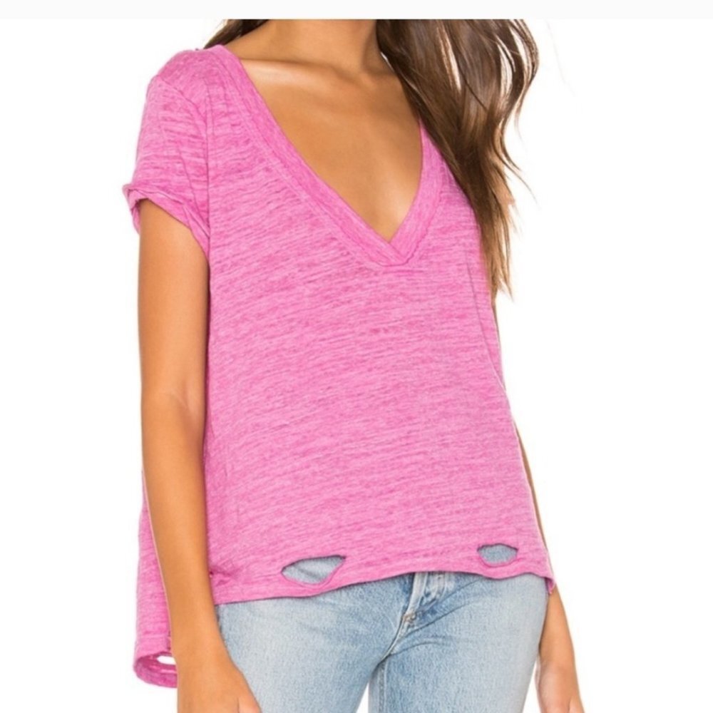 Free People We The Free Sundance Tee Distressed V-Neck Azalea Pink size SX NEW